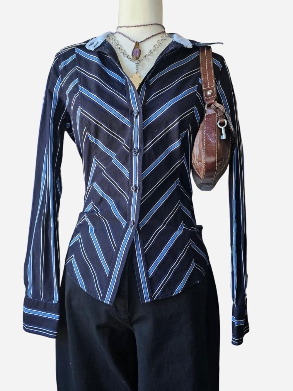 Y2k Tommy Hilfiger Blue Chevron Striped Fitted Button up - Medium